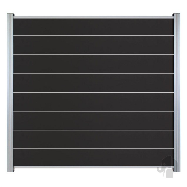 WPC-antraciet FSC tuinscherm "Modular" recht 8L 20mm met aluminium liggers 1800x1800 krimpfol
